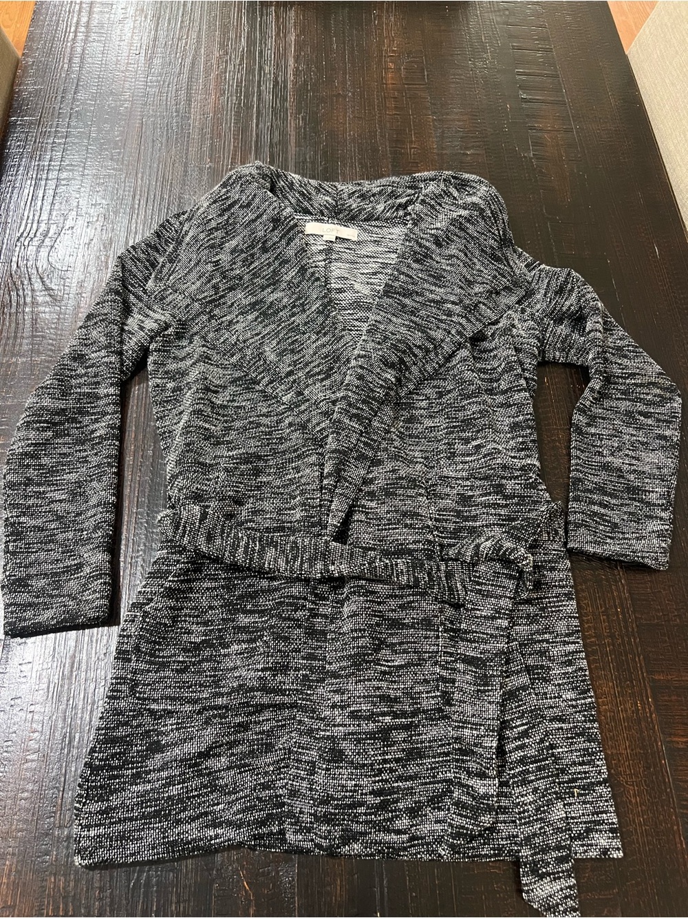 Loft Cardigan Sweater Jacket Black White Belt Long Line Shawl Collar M Petite